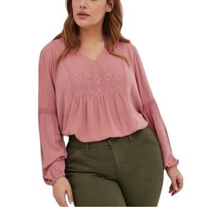 Torrid Crinkle Gauze Embroidered Top pink long sleeve tunic size 1XL